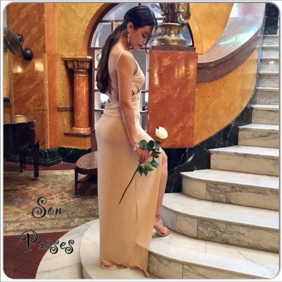 Creme Long Cocktail Dress-Clearance - Picture 3 of 8